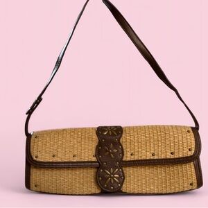 Isaac Mizrahi for Target Woven Straw Clutch Bag Brown Leather Trim Y2K